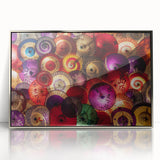 Mid-century modernist art depicting a serene Japanese landscape in muted earth tones, framed acrylic.