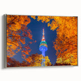 Framed canvas featuring a vintage-style Seoul landscape in colorful art tones, ideal for enhancing black wall art aesthetics.
