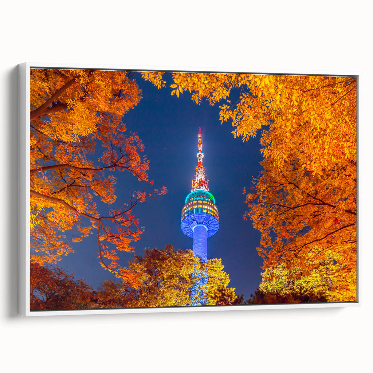 Framed canvas of vintage poster art featuring colorful Seoul scenery, ideal for living room decor.