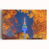 Black and white photograph of Seoul skyline on large stretched canvas, suitable for kitchen wall art.