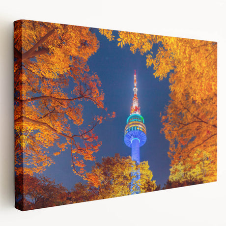 Large canvas print of Seoul skyline in muted gray and blue tones, suitable for kitchen wall art.