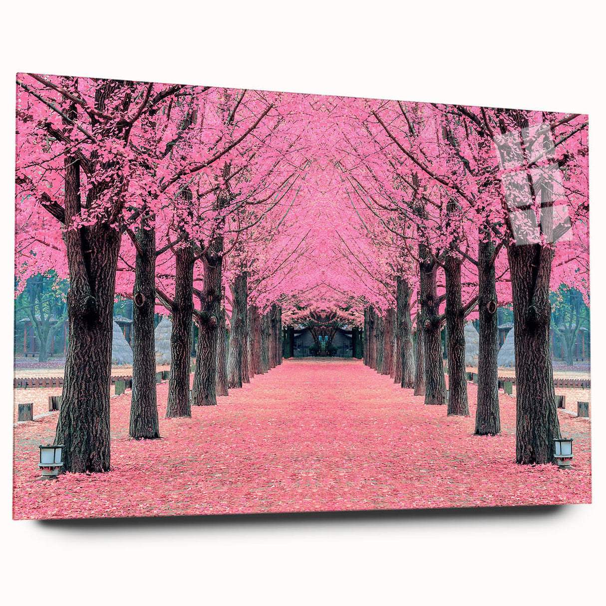Large abstract wall art depicting a serene Asian landscape in muted earth tones on acrylic glass.