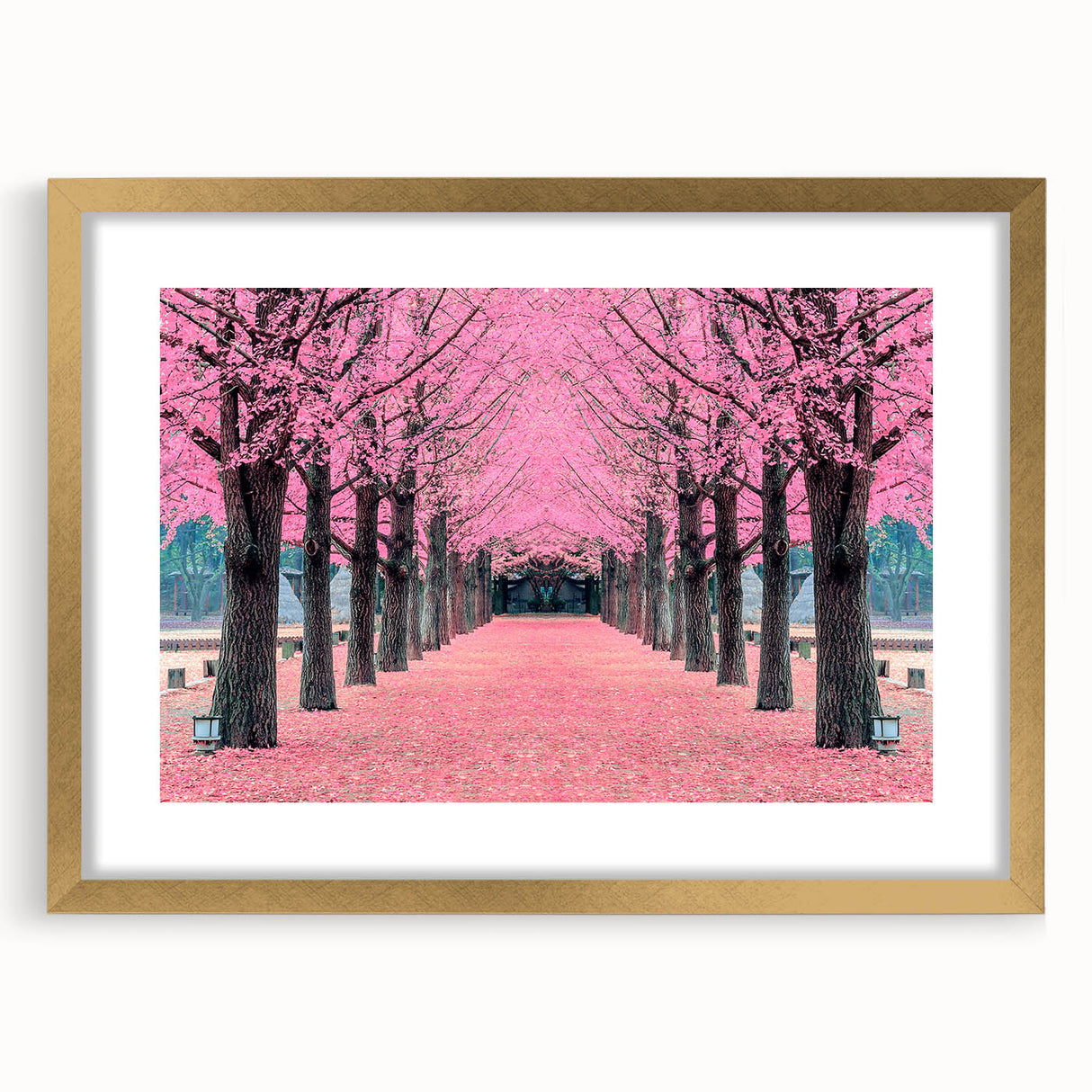 Extra large abstract art print featuring textured scenery of Korea in muted earth tones, framed in gold.