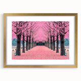 Extra large abstract art print featuring textured scenery of Korea in muted earth tones, framed in gold.