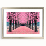 Textured abstract art print depicting a serene Korean landscape in calm blue and green hues, framed in silver.