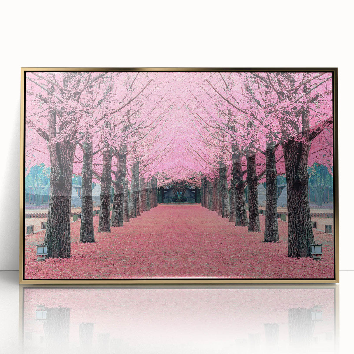Mid-century modernist art of a Korean landscape in a framed acrylic print with soft gold and gray tones.