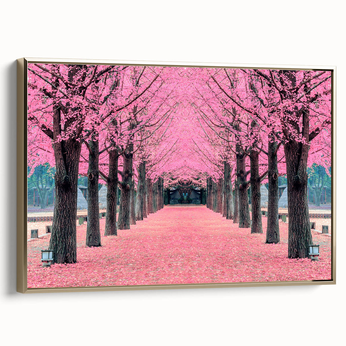 Vintage poster-style landscape painting of a serene Korean scenery in muted gold and black tones on framed canvas.