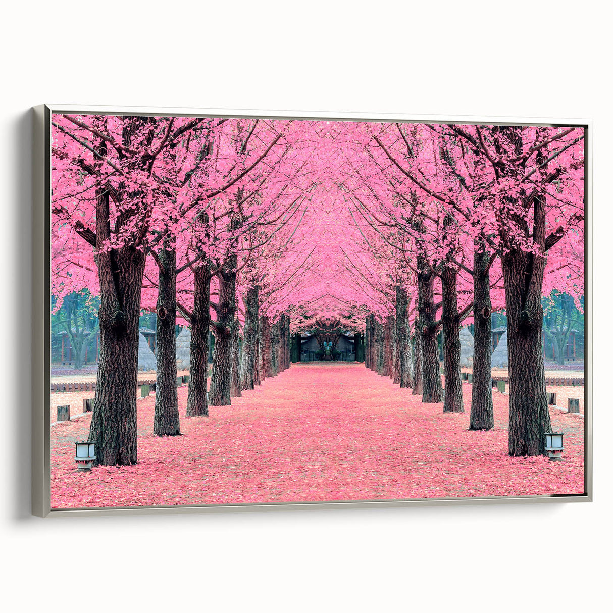 Framed canvas featuring a vintage-style Korean landscape painting with colorful art in black, silver, and muted tones.
