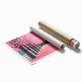 Large rolled canvas print featuring a serene Korean landscape with soft pastel hues.