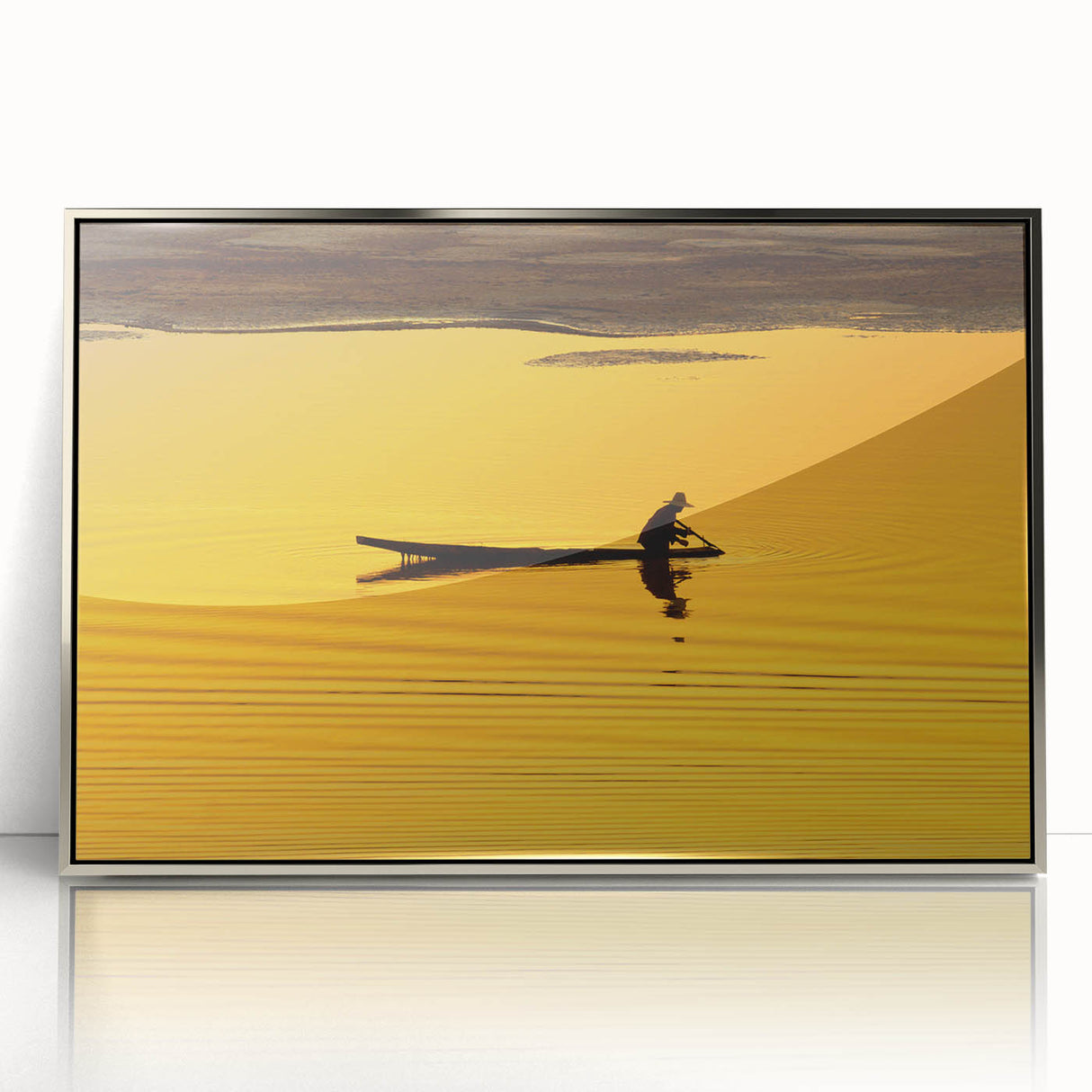 Mid-century modernist art depicting a Laos scenery in muted earth tones on a silver-framed acrylic print.