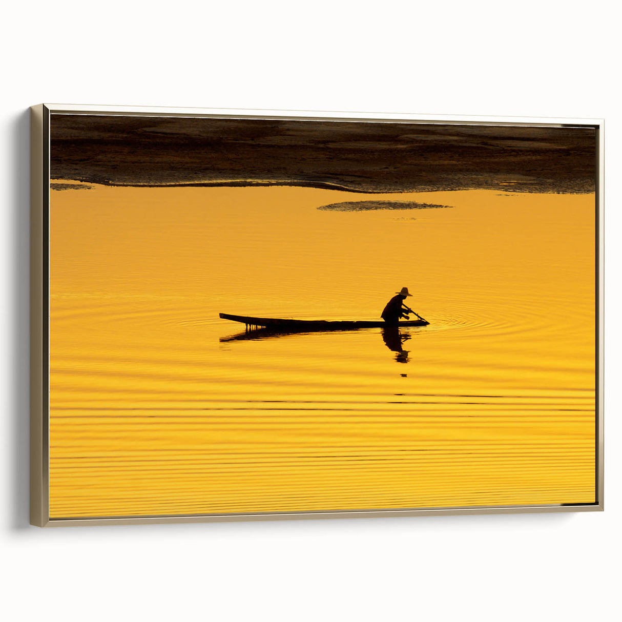Framed canvas of a vintage-style Laos landscape in muted gold and black tones, ideal for bedroom wall decor.
