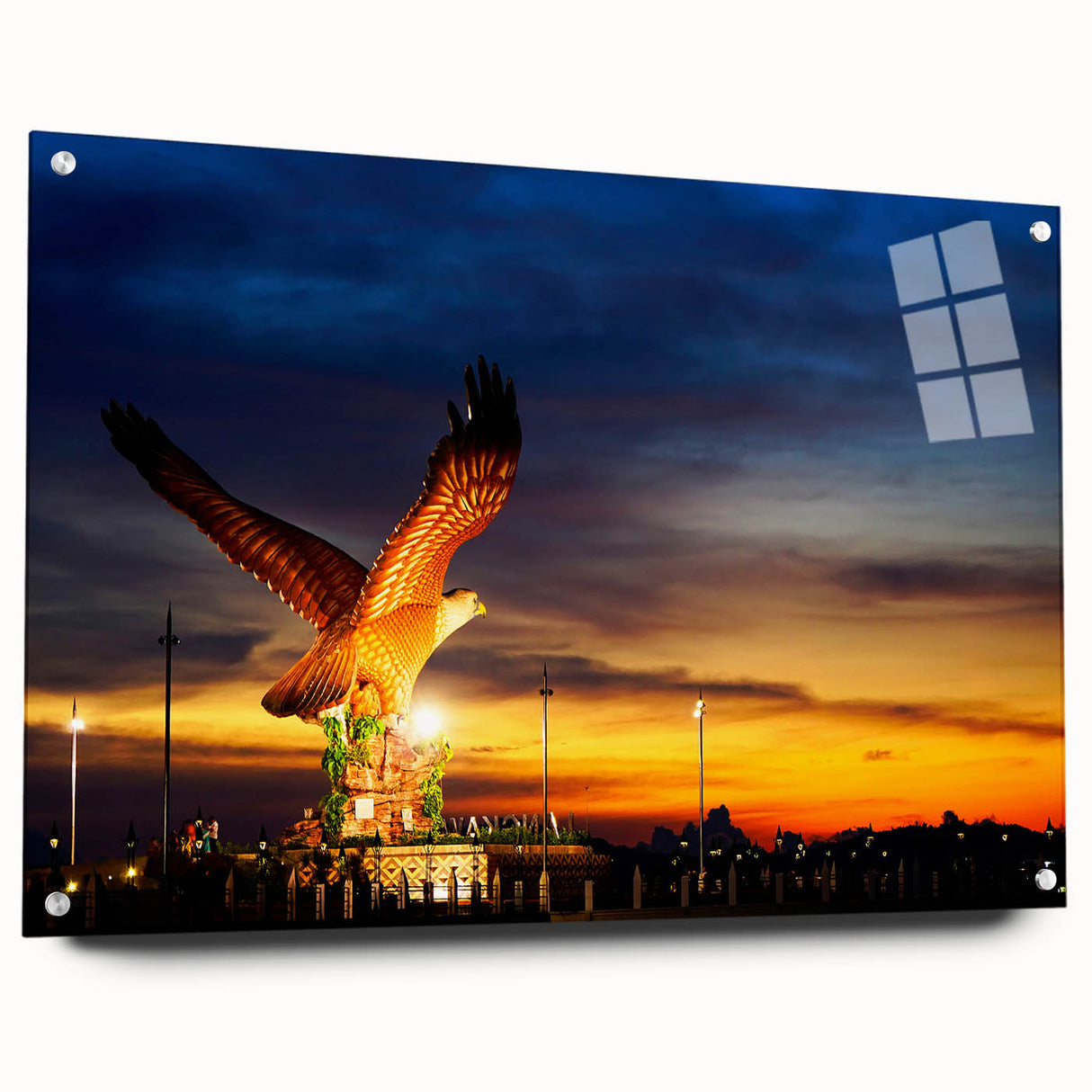 Large abstract wall art depicting a Malaysian landscape in vibrant greens and blues on acrylic glass.