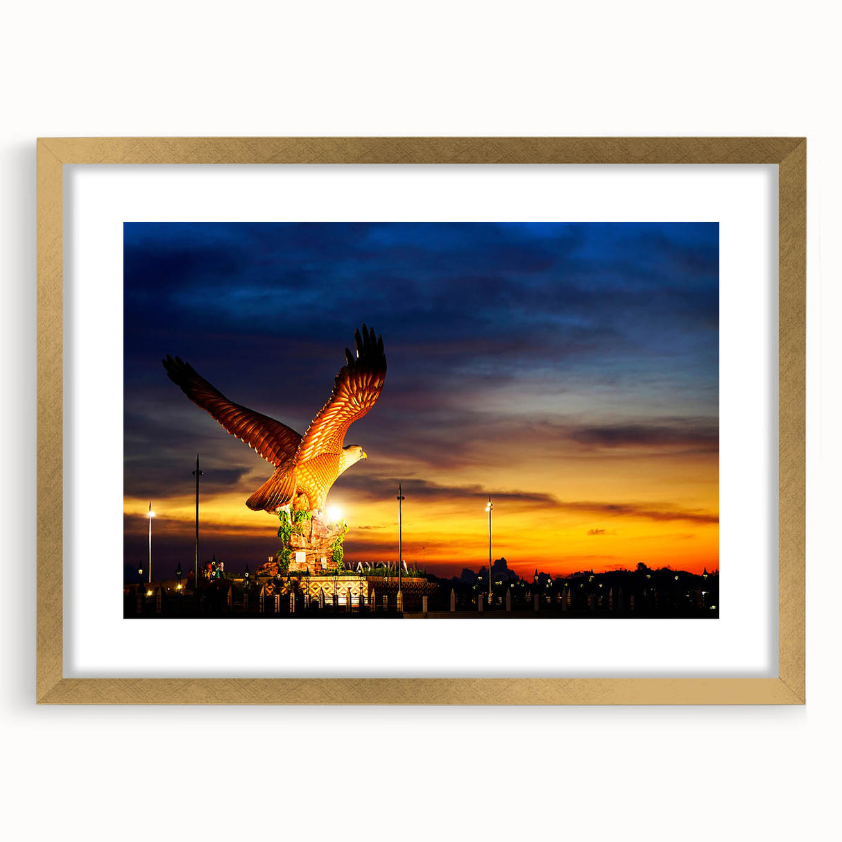 Extra large framed wall art featuring an abstract depiction of a Malaysian landscape in textured gold and earth tones.