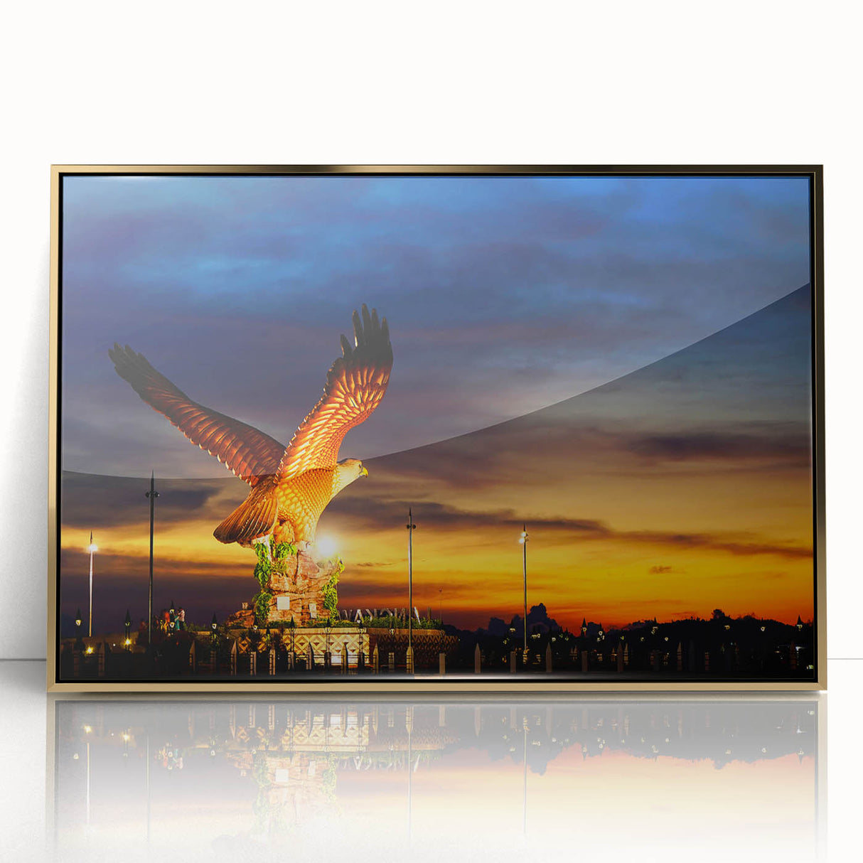 Large art print of a Malaysian landscape in muted gold tones on framed acrylic, ideal for modern art wall decor.