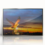 Mid-century modernist art depicting a serene Malaysian landscape in muted green and blue tones, framed in silver acrylic.