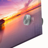 Large abstract wall art on acrylic glass depicting a serene Maldives seascape, utilizing mid-century modernist style.