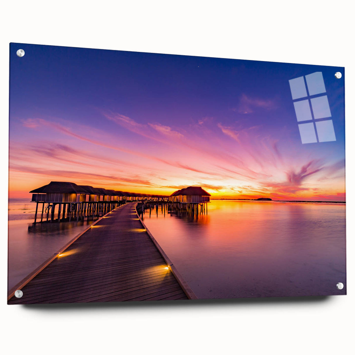 Acrylic print of a serene Maldivian seascape in soft blue and white tones, ideal for bedroom or dining room decor.