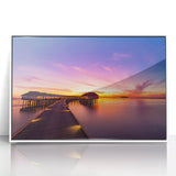 Framed acrylic print of a serene Maldivian landscape in soft blue and white tones, ideal for modern art wall decor.