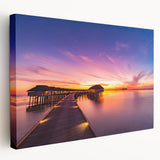 Large stretched canvas featuring a serene Maldives beach scene in soft blue and white tones, suitable for kitchen wall art.