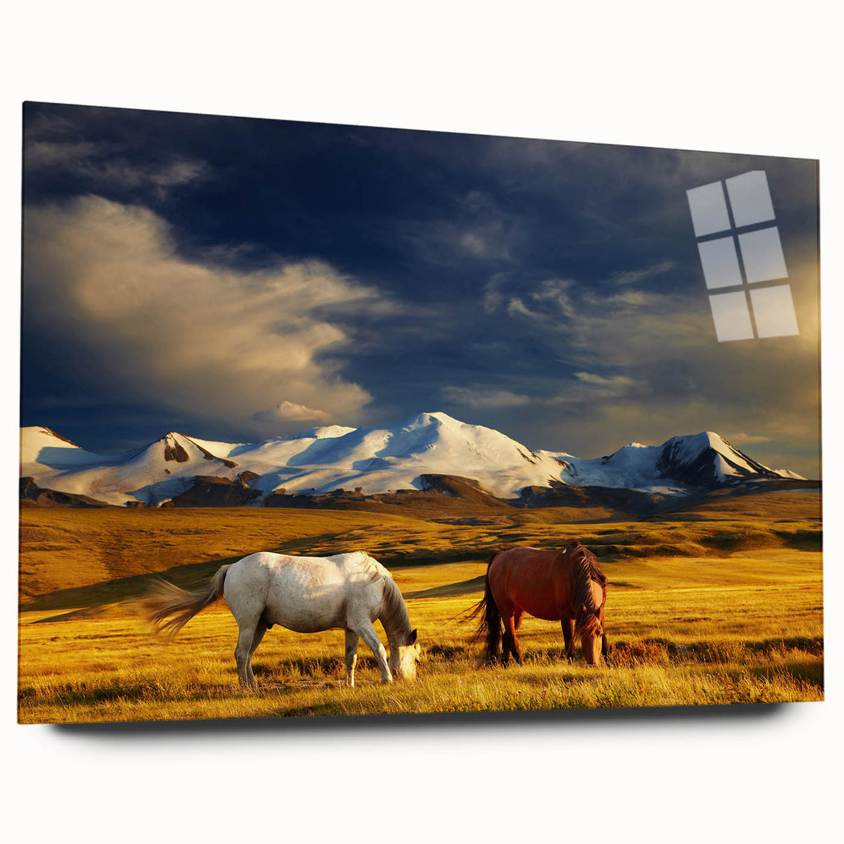 Large abstract wall art depicting a Mongolian landscape in muted earth tones on acrylic glass.