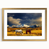 Extra large abstract art print depicting a textured Mongolian landscape in muted earth tones, framed in gold.