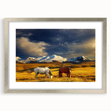 Textured abstract art print of Mongolian scenery in muted earth tones, framed in silver, ideal for bedroom decor.
