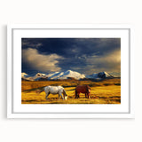 Abstract art print of a Mongolian landscape in muted earth tones on a framed white mat, ideal for dining room decor.