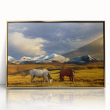 Framed acrylic print of a Mongolian landscape with soft gold and blue tones in a mid-century modernist style.