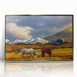 Mid-century modernist art depicting a Mongolian landscape in muted earth tones on a silver-framed acrylic print.