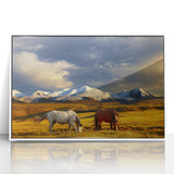Acrylic print of a Mongolian landscape in muted earth tones, framed in white, suitable for modern art wall decor.