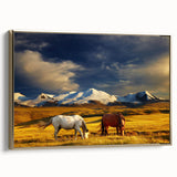 Framed canvas depicting a Mongolian landscape in muted earth tones, suitable as wall art for a bedroom.