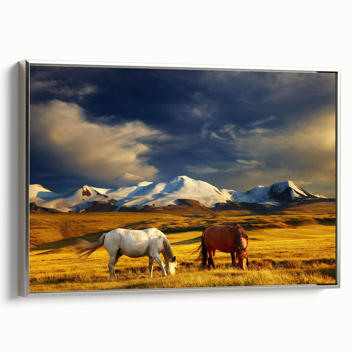 Landscape art painting of a Mongolian scene on a framed canvas, featuring a colorful palette with black accents.