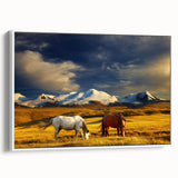 Vintage poster art of a Mongolian landscape on framed canvas, featuring vibrant colors against a black background.