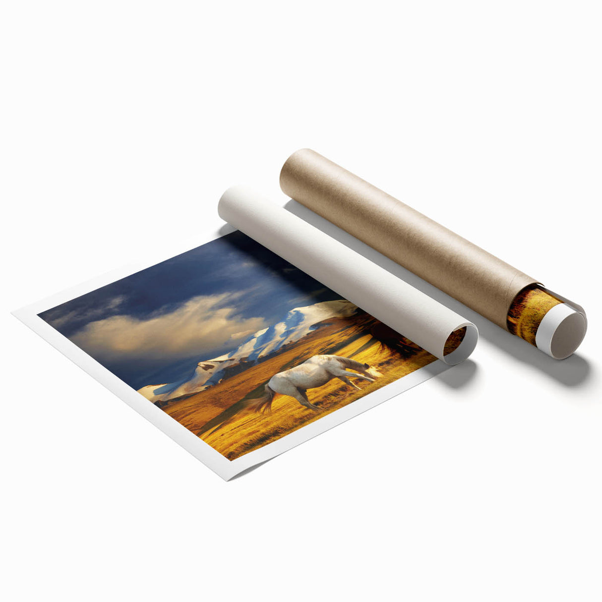 Extra large rolled print of a Mongolian landscape with subtle floral elements in muted earth tones.