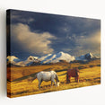 Large stretched canvas depicting a tranquil Mongolian landscape in soft earth tones, ideal for kitchen wall art.