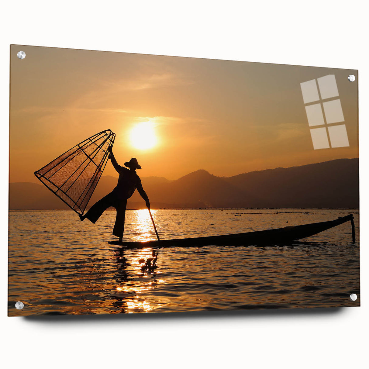 Large abstract wall art depicting a serene Myanmar landscape in muted earth tones on acrylic glass.