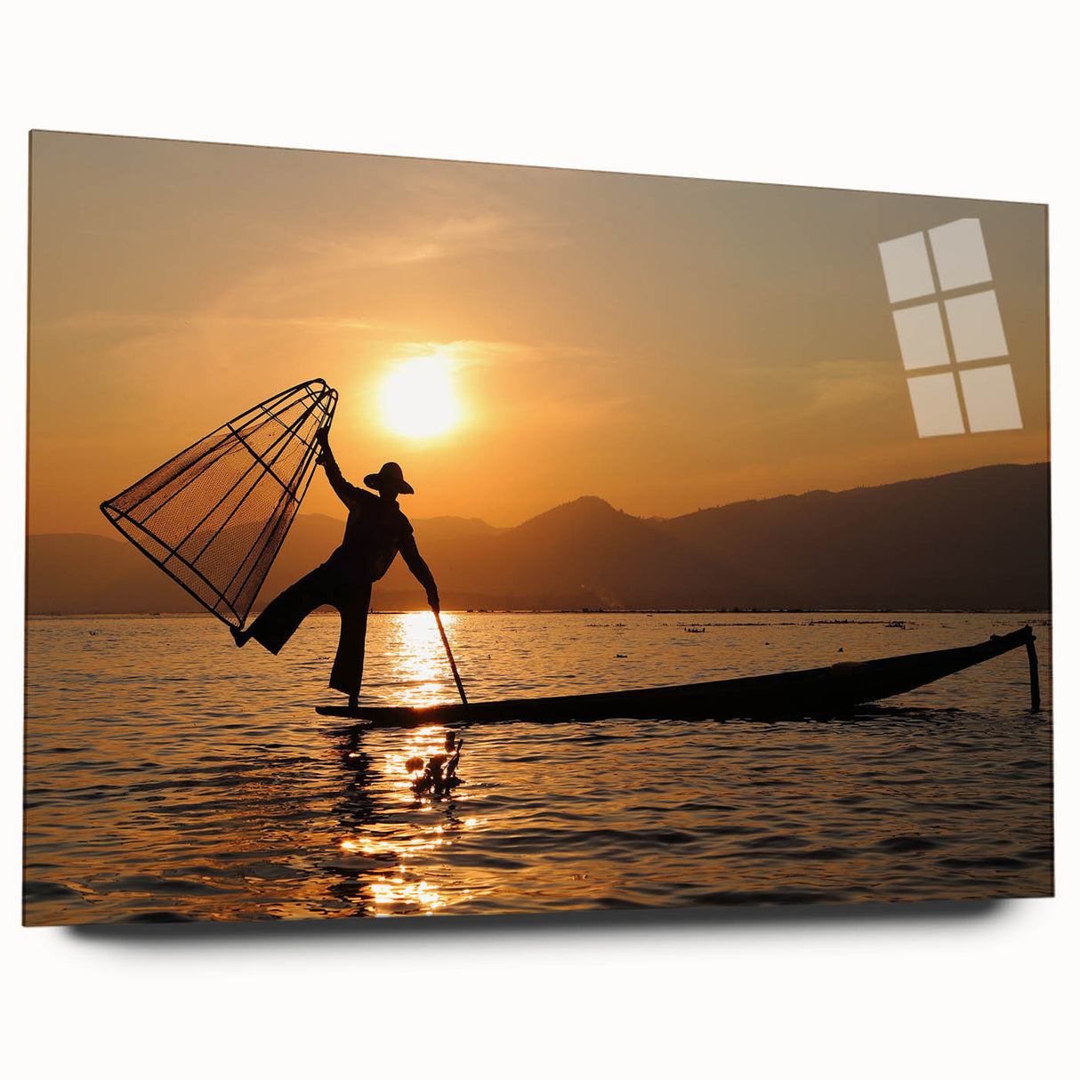 Large abstract wall art depicting a serene Myanmar landscape in muted earth tones on acrylic glass.