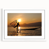 Abstract art print of a serene Myanmar landscape in muted earth tones on a framed white mat, ideal for dining room decor.