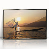 Mid-century modernist art depicting a serene Myanmar landscape in muted earth tones on a framed acrylic print.