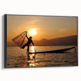 Black and white landscape art of Myanmar scenery on framed canvas, ideal for bedroom wall decor.