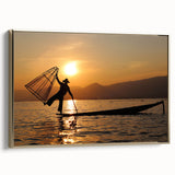 Framed canvas depicting a vintage-style landscape of Myanmar with prominent gold and black tones, ideal for bedroom wall art.