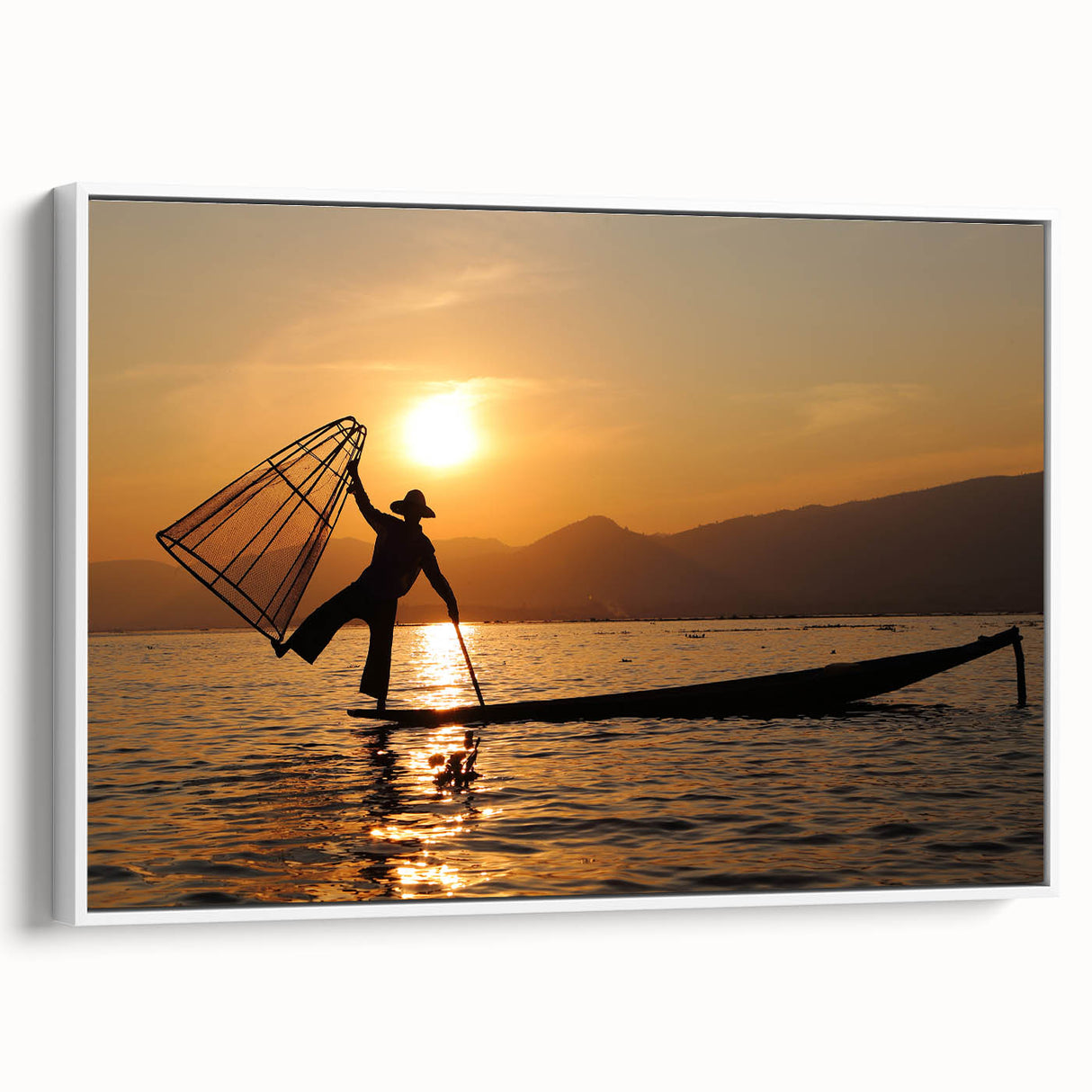 Vintage poster art of a Myanmar scenery on extra large framed canvas, featuring vibrant colors against a black background.