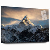 Large abstract wall art of Mount Everest in muted gray and blue tones on acrylic glass.