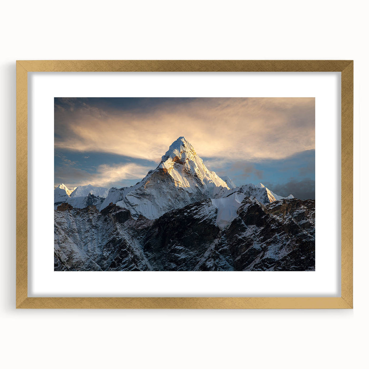 Extra large wall art featuring an abstract depiction of Mount Everest in textured blues and grays, framed in gold.