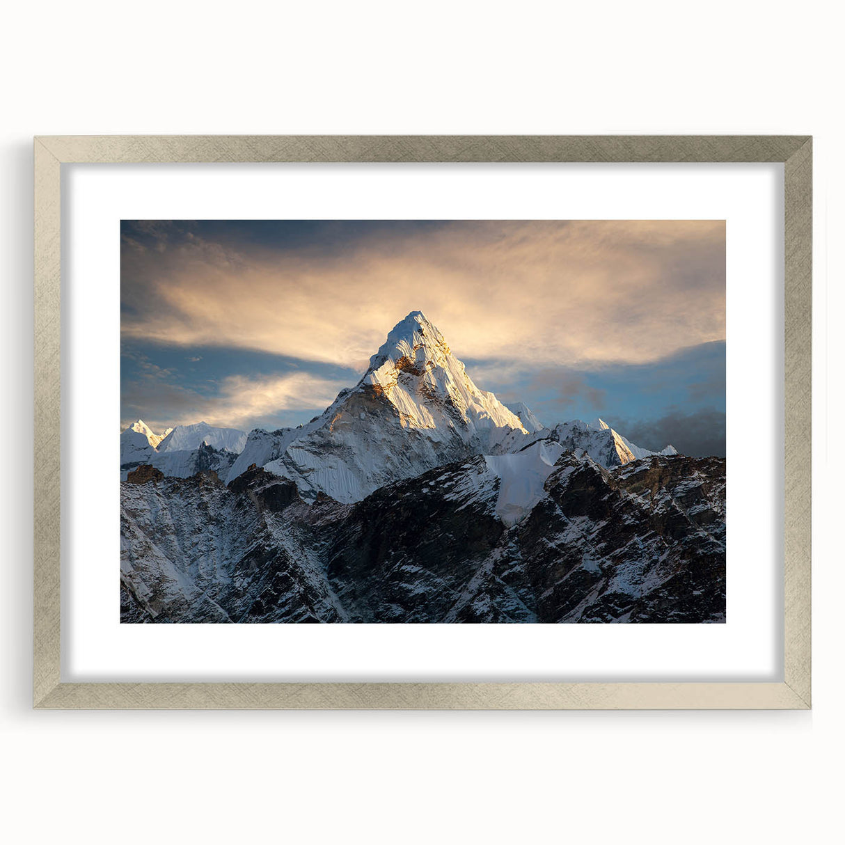 Textured art of abstract Everest scenery in muted earth tones on a framed silver mat, suitable for bedroom art.
