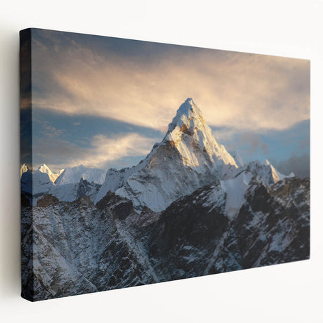 Mount Everest landscape on stretched canvas with subdued earthy tones, suitable as large art for kitchen wall decor.