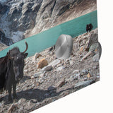 Large abstract wall art depicting a mid-century modernist style scene of Nepal, in muted earth tones.