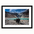 Extra large abstract art print of a colorful, textured depiction of Nepalese scenery, in a black frame.