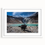 Abstract art print depicting a serene Nepalese landscape in soft earth tones, framed in white.