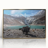 Framed acrylic print of a serene Nepalese landscape in soft gold and green tones, ideal for modern art wall decor.